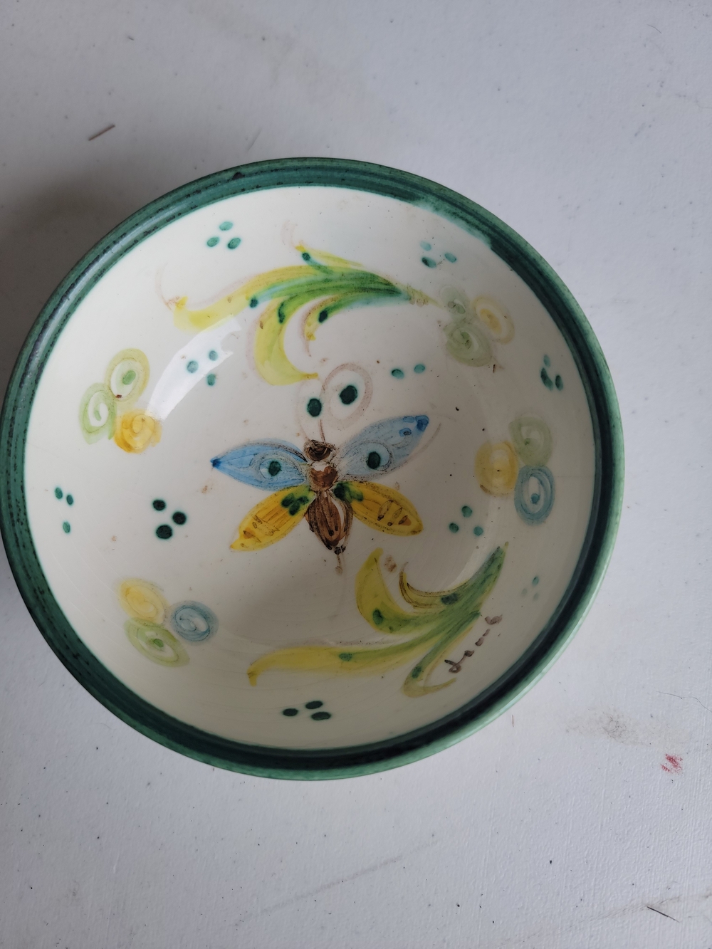 Hand-Painted Ceramic Decorative Bowl in Green and Yellow